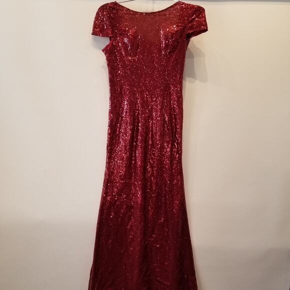 Red Sequin Maxi Long Dress Custom Made Low Back Cap Sleeves Women Juniors Size 7 - Picture 2 of 16